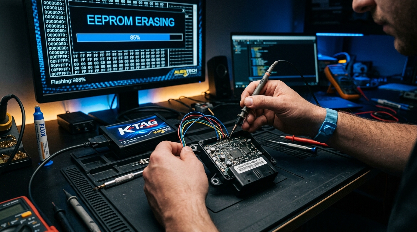 Technician resetting an airbag control module on the bench with a professional programmer